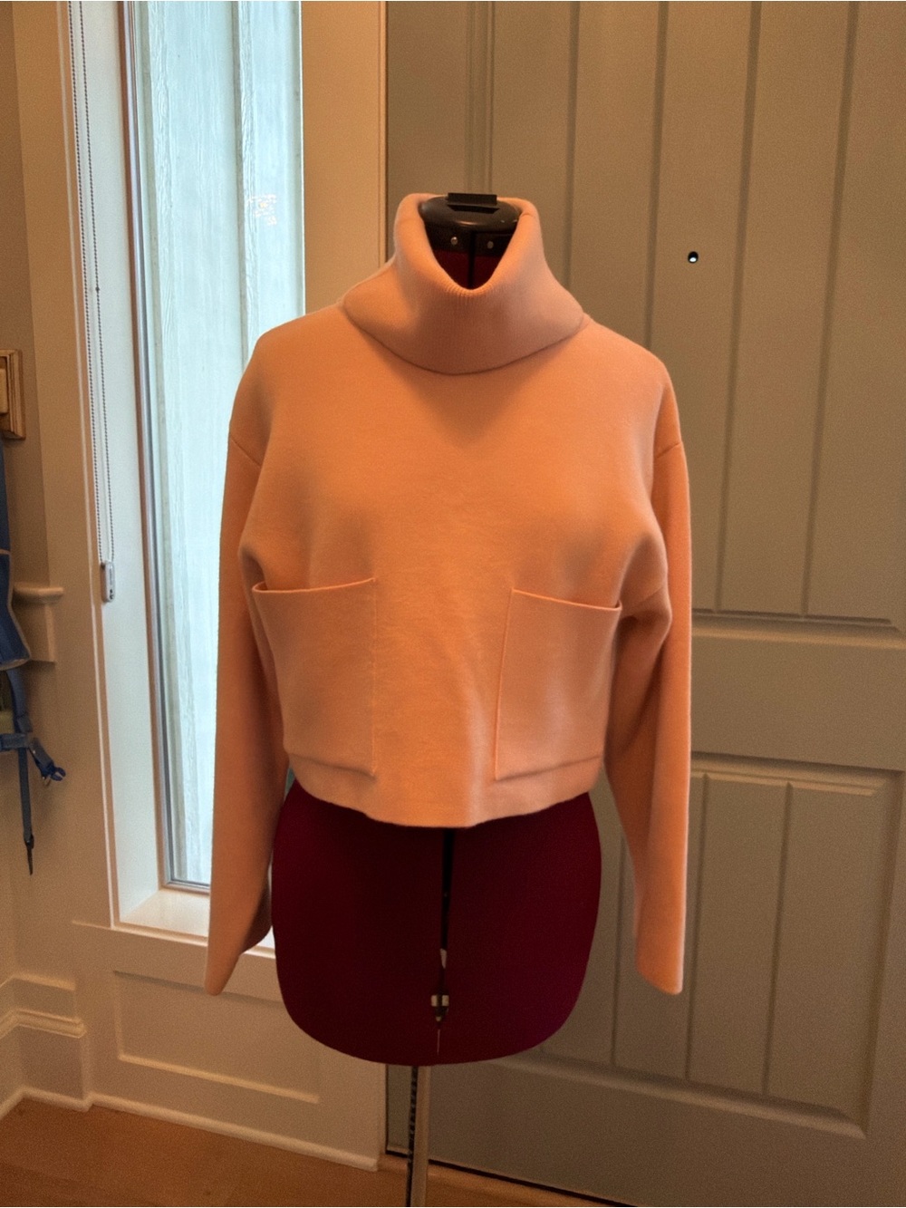 Mango Peach Pink Cropped Turtleneck Sweater with Front Pockets